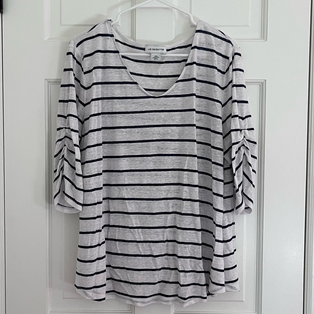 Liz Claiborne Navy and White Striped 3/4 Sleeve Top